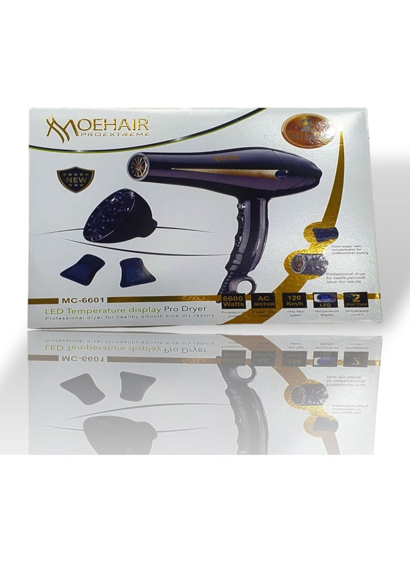 MoeHair - Professional Hair Dryer MC-6601, Professional AC Motor 6600W for Strong and Steady Airflow, Comes with 3 Nozzles, Cool Shot Function to Fix Style After Finish, Multiple Heat Settings for Fast Hair Drying with Heat Damage Protection Styling Smooth and Wavy Hair, Perfect for Daily, Home or Salon Use - Image 1