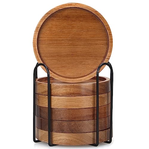Renawe 6 Pcs Best Wooden Coasters with Holder Coffee Table Decor Acacia Wood Coaster Set Modern Cup Coaster for Drink Home Dining Table Kitchen Accessories Cute Beer Bar Decorative Rustic Outdoor Coasters - Image 5