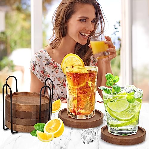 Renawe 6 Pcs Best Wooden Coasters with Holder Coffee Table Decor Acacia Wood Coaster Set Modern Cup Coaster for Drink Home Dining Table Kitchen Accessories Cute Beer Bar Decorative Rustic Outdoor Coasters - Image 2