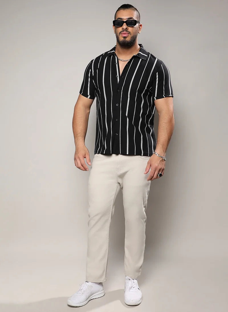 Instafab Plus Instafab Plus Men's Black & White Pencil Striped Shirt For Casual Wear | Spread Collar | Short Sleeve | Button Closure | Shirt Crafted With Comfort Fit For Everyday Wear