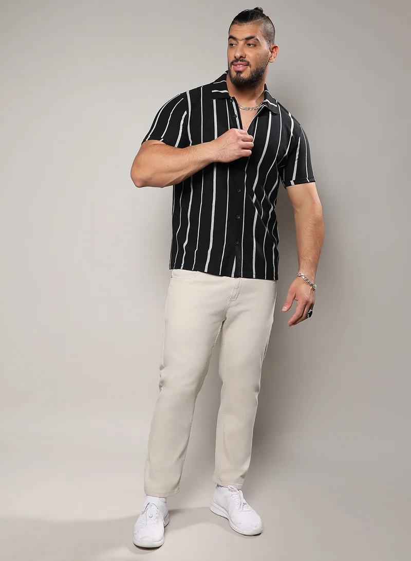 Instafab Plus Instafab Plus Men's Black & White Pencil Striped Shirt For Casual Wear | Spread Collar | Short Sleeve | Button Closure | Shirt Crafted With Comfort Fit For Everyday Wear