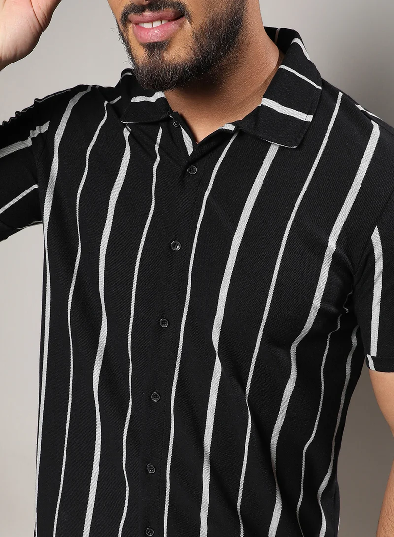 Instafab Plus Instafab Plus Men's Black & White Pencil Striped Shirt For Casual Wear | Spread Collar | Short Sleeve | Button Closure | Shirt Crafted With Comfort Fit For Everyday Wear
