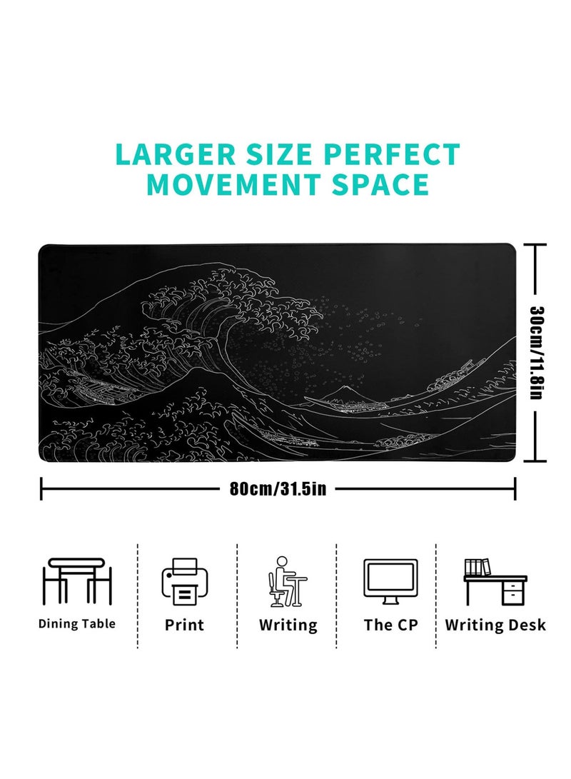 Sea Wave Large Mouse Pad, Anime Black Gaming, Extended Kanagawa Mat Desk Pad, 3mm Thick Long Non-Slip Rubber Base Mice Pad - Image 3