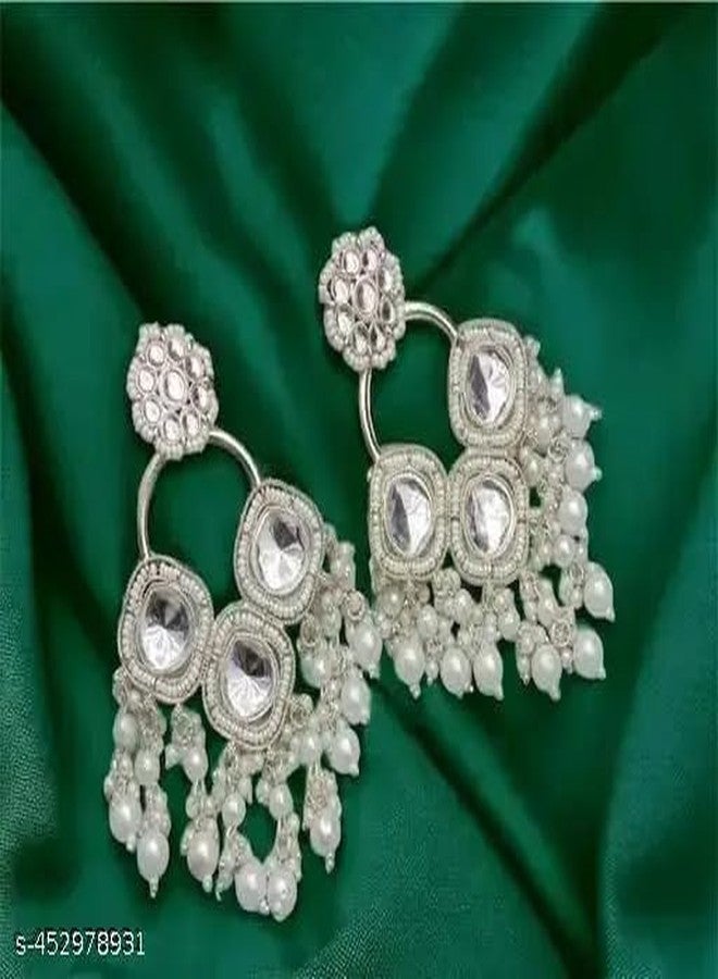 Mkail Intricate Kundan Chandelier Earrings, Floral Design.Traditional Jhumka Style Statement Earrings (Chandbali Ear Cuff) - Image 5