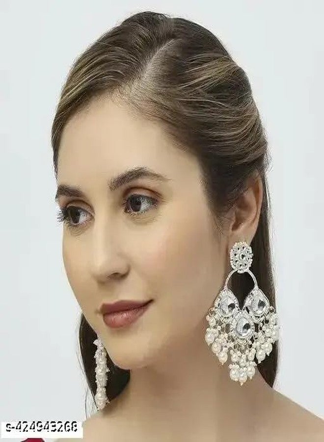 Mkail Intricate Kundan Chandelier Earrings, Floral Design.Traditional Jhumka Style Statement Earrings (Chandbali Ear Cuff) - Image 4