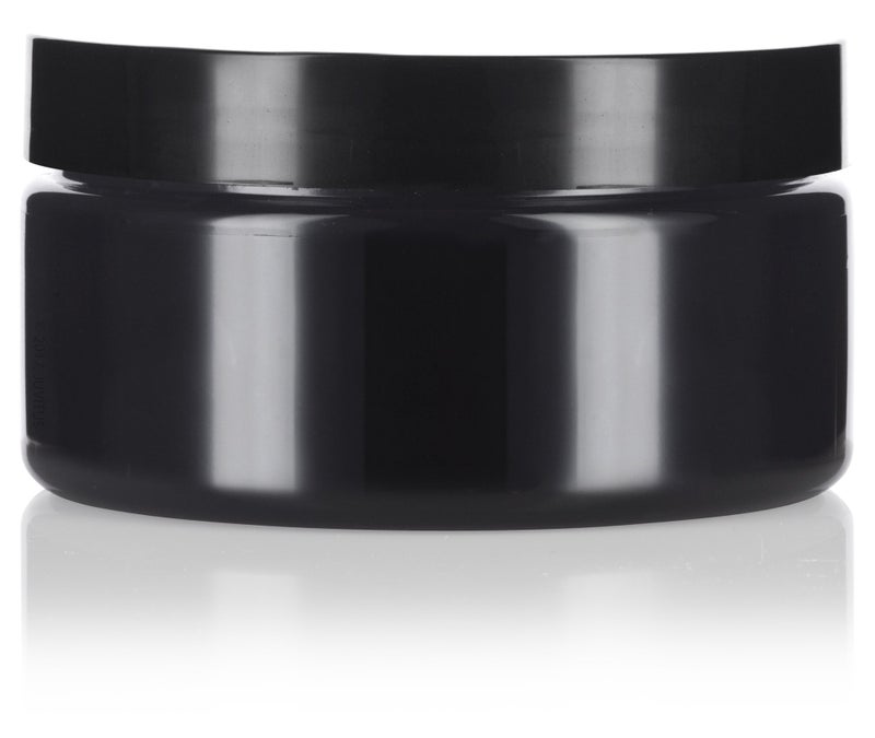 JUVITUS 8 oz Black PET Plastic Refillable Low Profile Jar with Black Lid (6 Pack) - Image 3