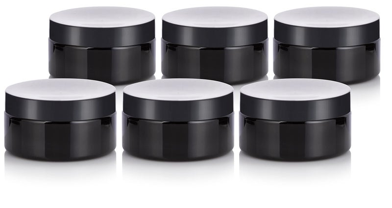 JUVITUS 8 oz Black PET Plastic Refillable Low Profile Jar with Black Lid (6 Pack) - Image 1