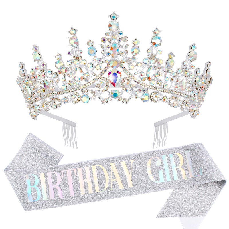 Velscrun AB Silver Crystal Birthday Tiara Crowns for Women Girls Princess Crown with Combs Birthday Girl Headband Sash Happy Birth Party Decorations Birth Gift Cake Topper Hair Accessories