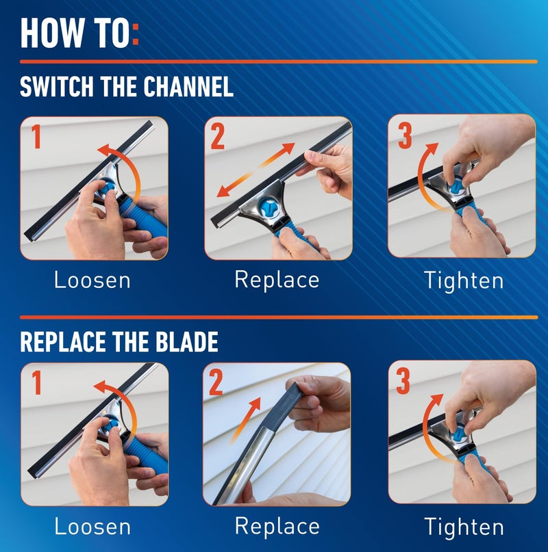 Unger Professional Connect and Clean 18â€ EZ Change Window and Glass Cleaning Squeegee, Large and Small Windows, Rubber Blade Tool for Streak-Free Results, Includes 12â€ Channel - Image 3
