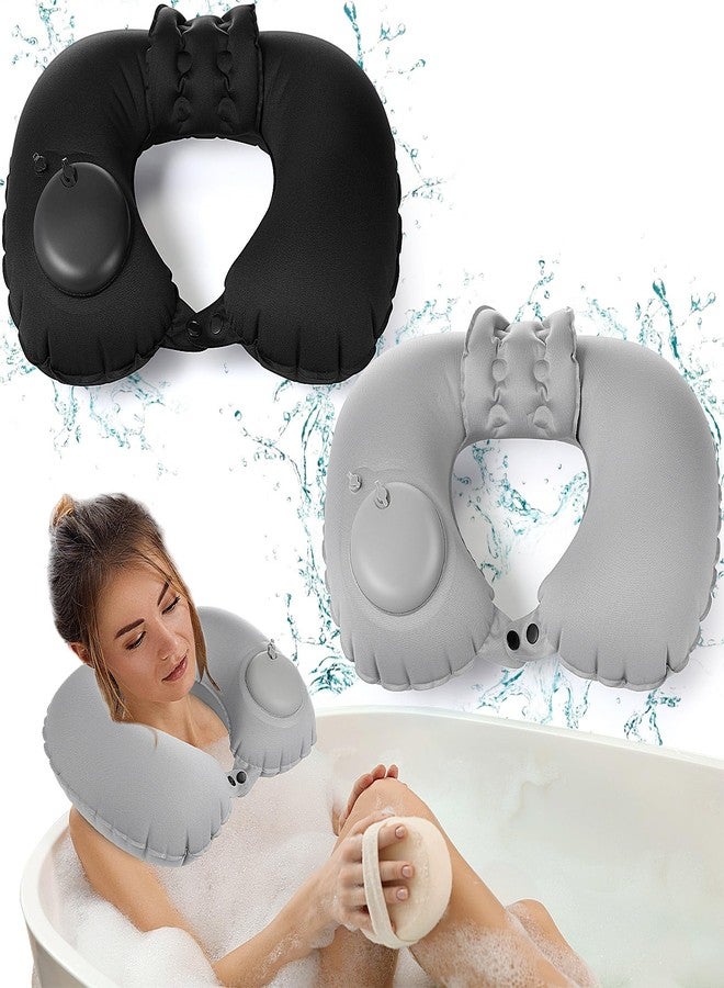 Colingmill 2 Pcs Inflatable Bath Pillows for Tub Bath Head and Neck U Shaped Blow up Full Body Travel Pillow with Adjustable Button Grey and Black Bath Tub Pillows for Airplanes Shower Spa - Image 1