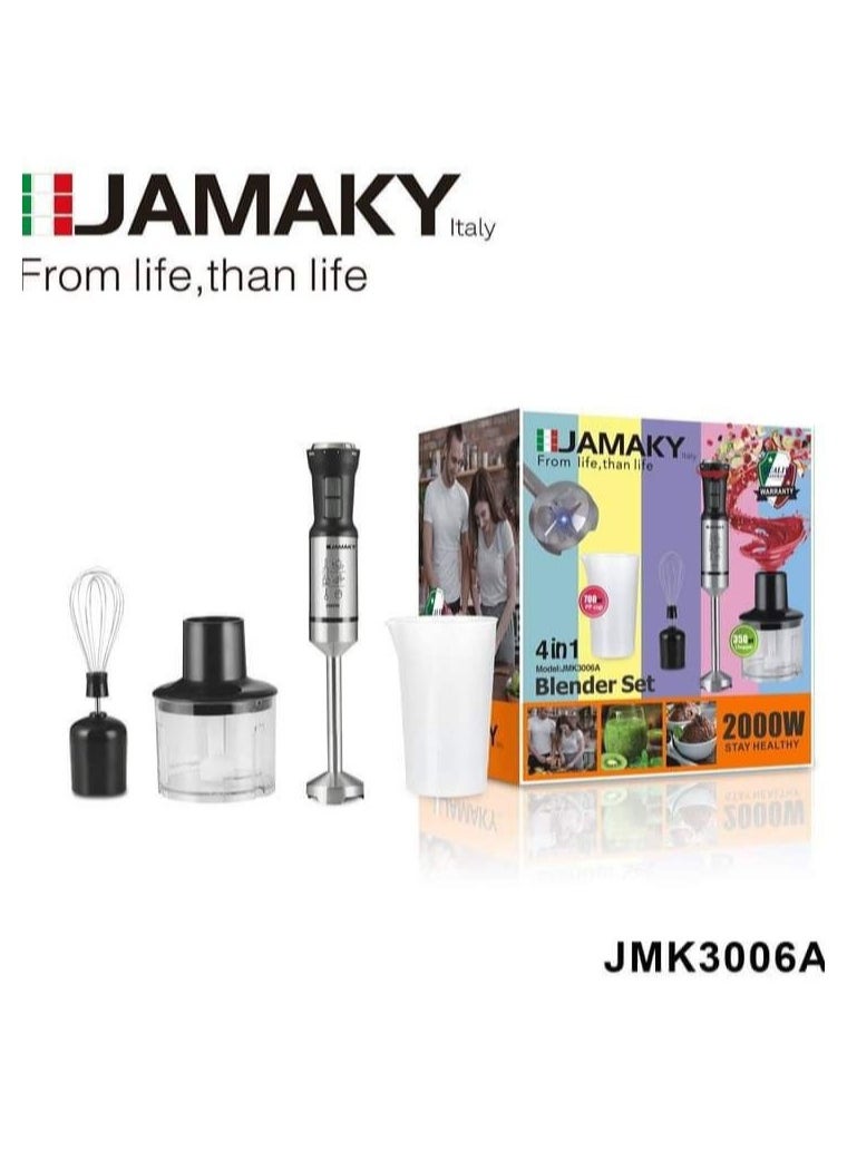 JAMAKY Italy Stainless hand blender 4 in 1 from Jamaky, 2000 Italian watts, JMK3006A, with one year warranty 