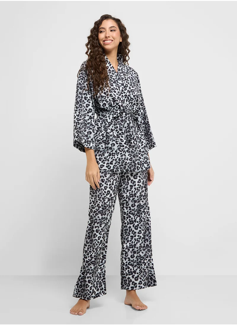 Ginger Satin Animal Print Robe With Belt & Pyjama Set