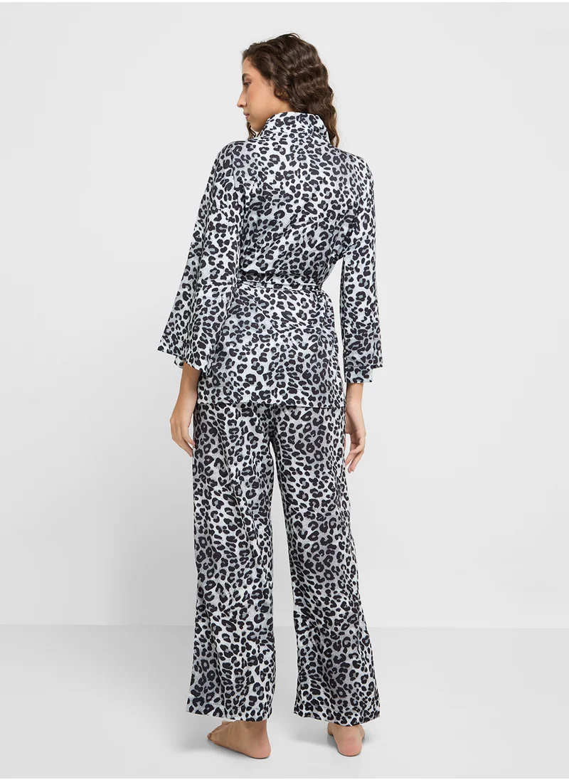 Ginger Satin Animal Print Robe With Belt & Pyjama Set