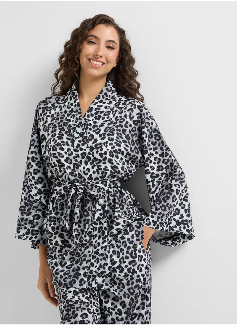 Ginger Satin Animal Print Robe With Belt & Pyjama Set