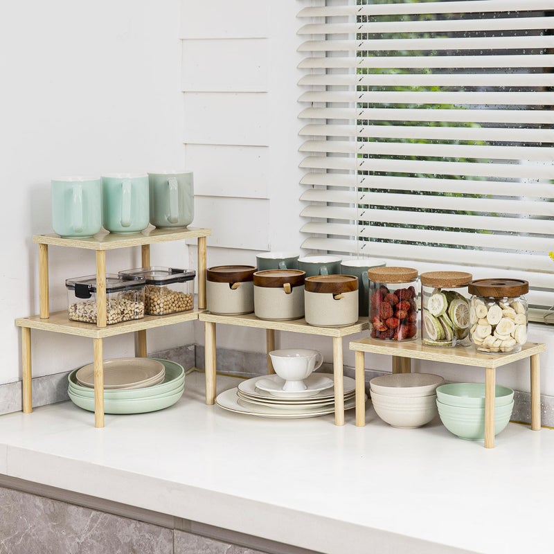 Aminigram Wood Cabinet Organizer Shelf, Set of 4 Kitchen Counter Shelves, Stackable Plate Organizer for Cabinet, Pantry Cupboard Dish Mug Cup Storage Shelf - Image 5