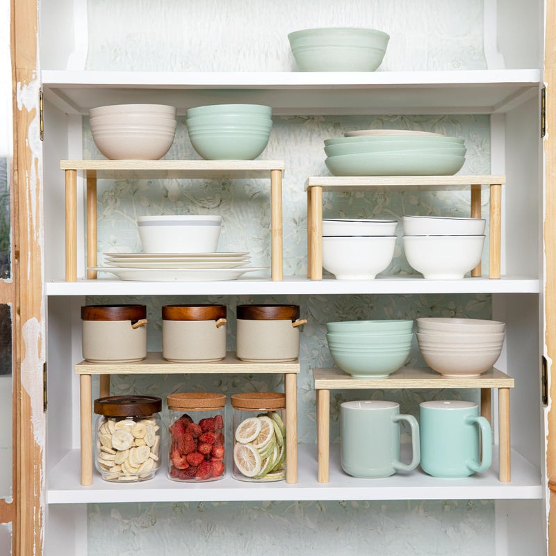 Aminigram Wood Cabinet Organizer Shelf, Set of 4 Kitchen Counter Shelves, Stackable Plate Organizer for Cabinet, Pantry Cupboard Dish Mug Cup Storage Shelf - Image 4