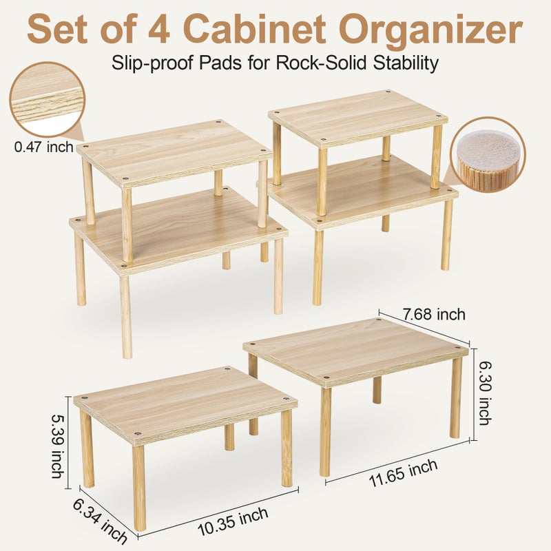 Aminigram Wood Cabinet Organizer Shelf, Set of 4 Kitchen Counter Shelves, Stackable Plate Organizer for Cabinet, Pantry Cupboard Dish Mug Cup Storage Shelf - Image 3