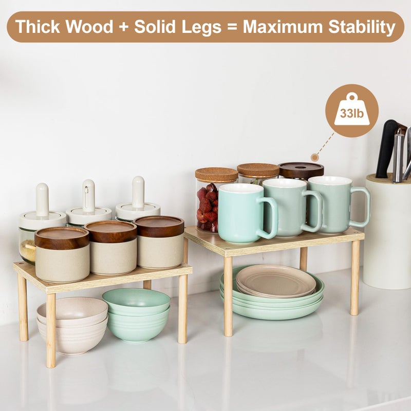 Aminigram Wood Cabinet Organizer Shelf, Set of 4 Kitchen Counter Shelves, Stackable Plate Organizer for Cabinet, Pantry Cupboard Dish Mug Cup Storage Shelf - Image 2