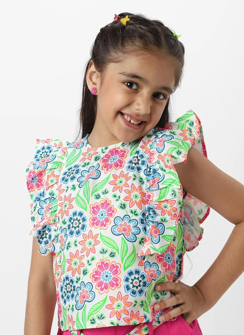 Nautinati  Nautinati Girls' Pink Combo Set of Floral Printed Sleeveless Top with Matching Belt and Solid Shorts for Women | Best Price UAE