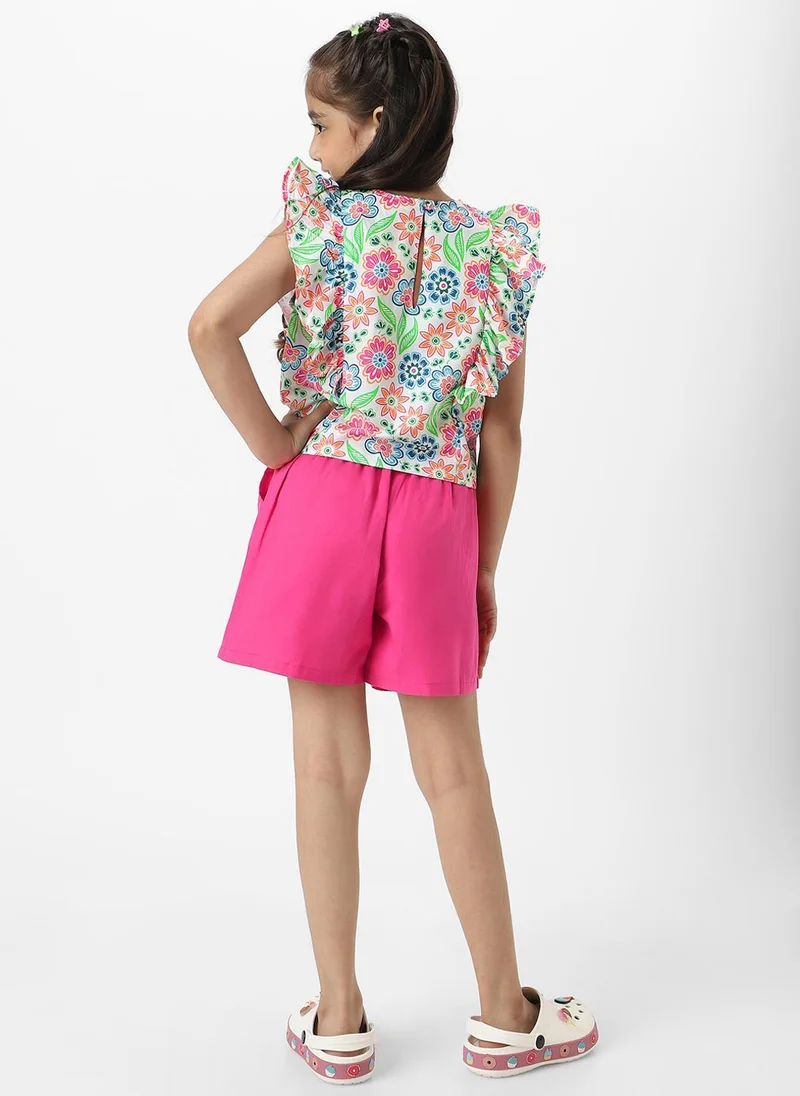 Nautinati  Nautinati Girls' Pink Combo Set of Floral Printed Sleeveless Top with Matching Belt and Solid Shorts for Women | Best Price UAE