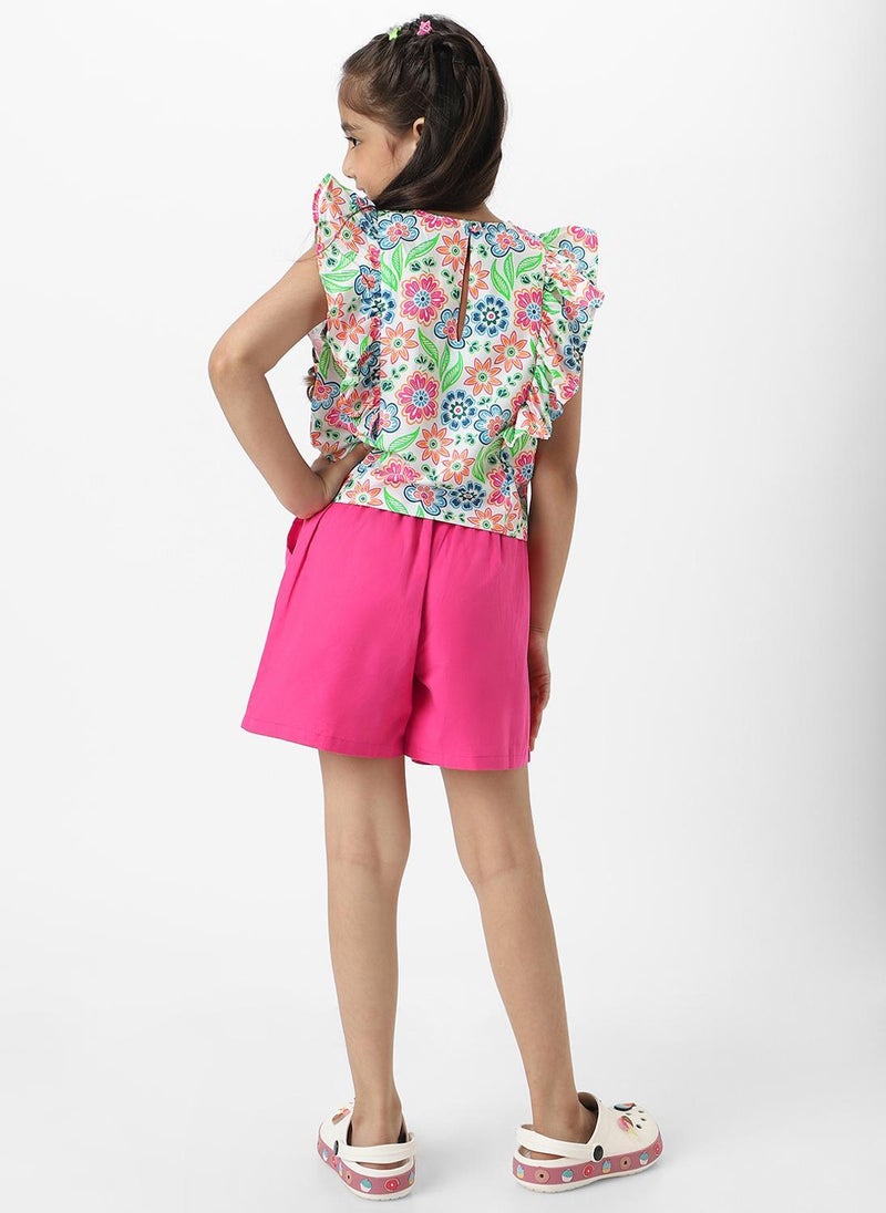 نوتيناتي طقم فتيات ناتيناتي وردي مطبوع بالزهور بدون أكمام مع حزام مطابق وشورت سادة - Image 3