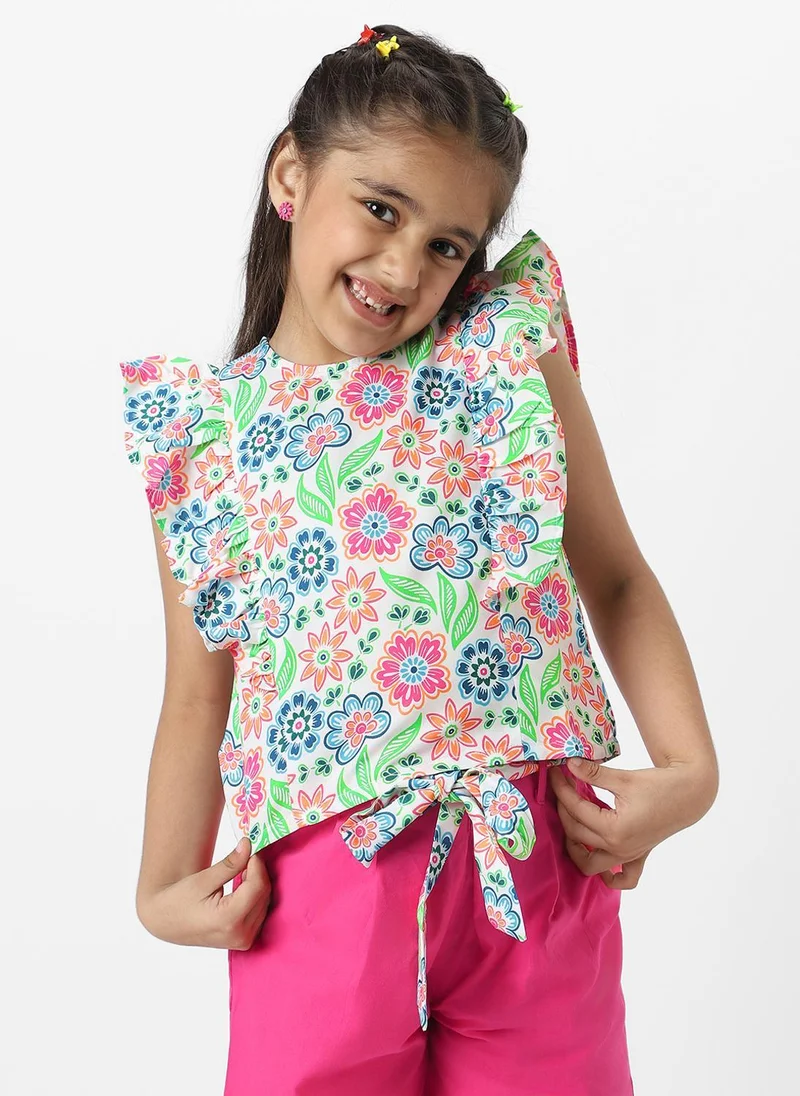 Nautinati  Nautinati Girls' Pink Combo Set of Floral Printed Sleeveless Top with Matching Belt and Solid Shorts for Women | Best Price UAE