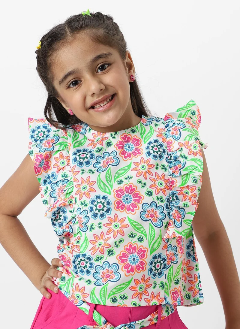 Nautinati  Nautinati Girls' Pink Combo Set of Floral Printed Sleeveless Top with Matching Belt and Solid Shorts for Women | Best Price UAE