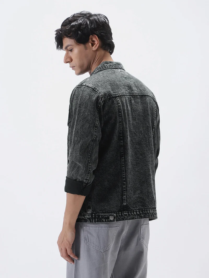 Urbano Fashion  Urbano Fashion Men's Black Regular Fit Washed Full Sleeve Denim Jacket for Men | Best Price UAE