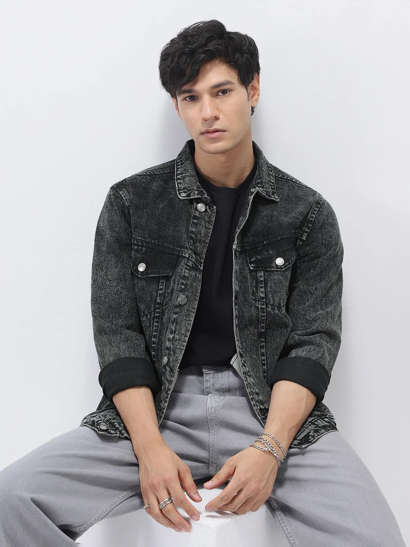 Urbano Fashion  Urbano Fashion Men's Black Regular Fit Washed Full Sleeve Denim Jacket for Men | Best Price UAE