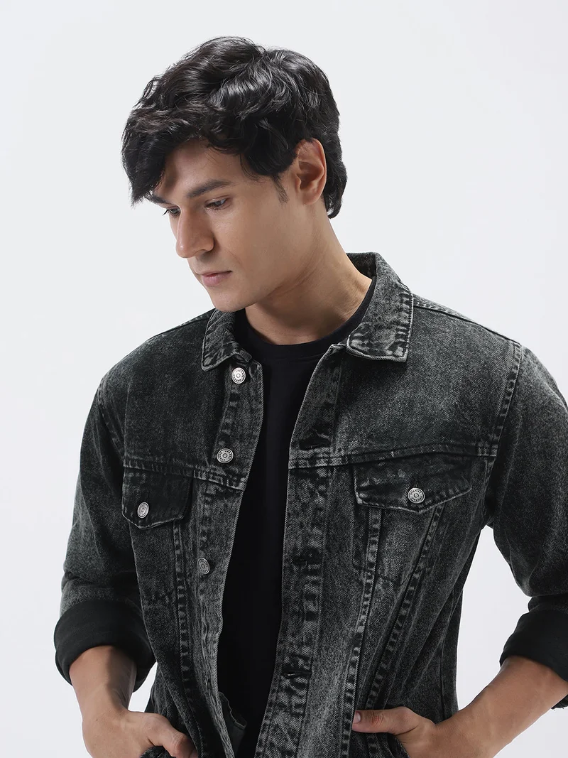 Urbano Fashion  Urbano Fashion Men's Black Regular Fit Washed Full Sleeve Denim Jacket for Men | Best Price UAE