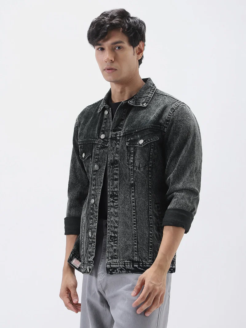 Urbano Fashion  Urbano Fashion Men's Black Regular Fit Washed Full Sleeve Denim Jacket for Men | Best Price UAE
