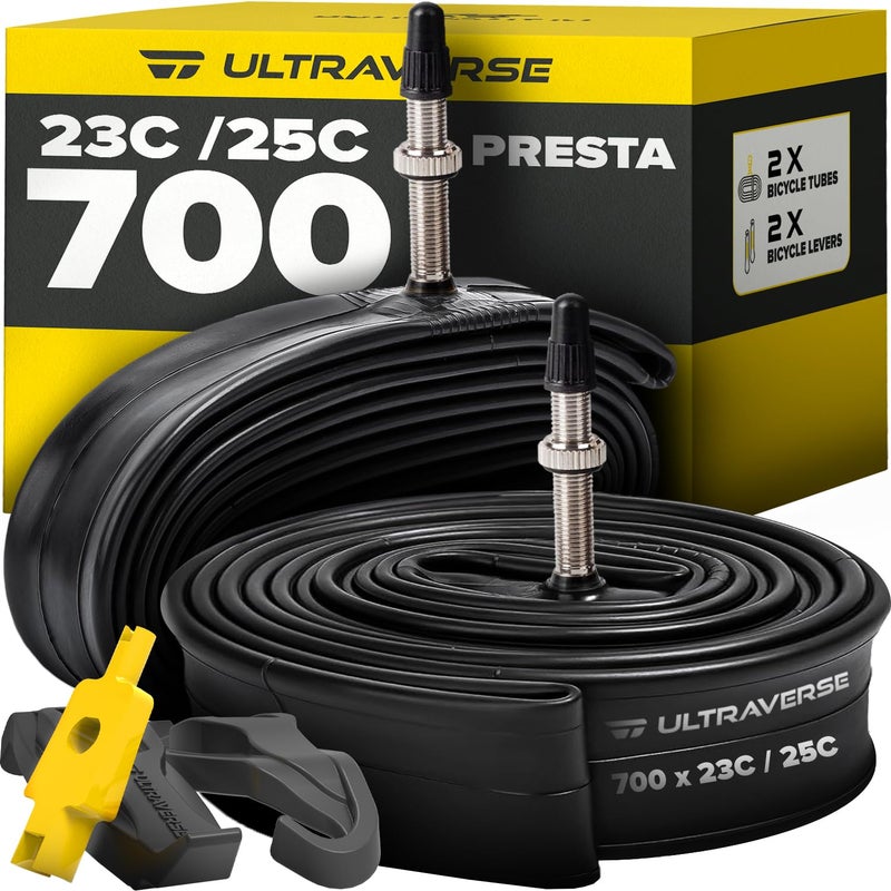 Ultraverse Bike Inner Tube for 700x23-25c, 28 inch Bicycle Wheel Sizes with 48mm Presta Valve - Butyl Rubber Tubes for Road and Gravel Bikes - 2 Tubes with 2 tire levers Included - Image 1
