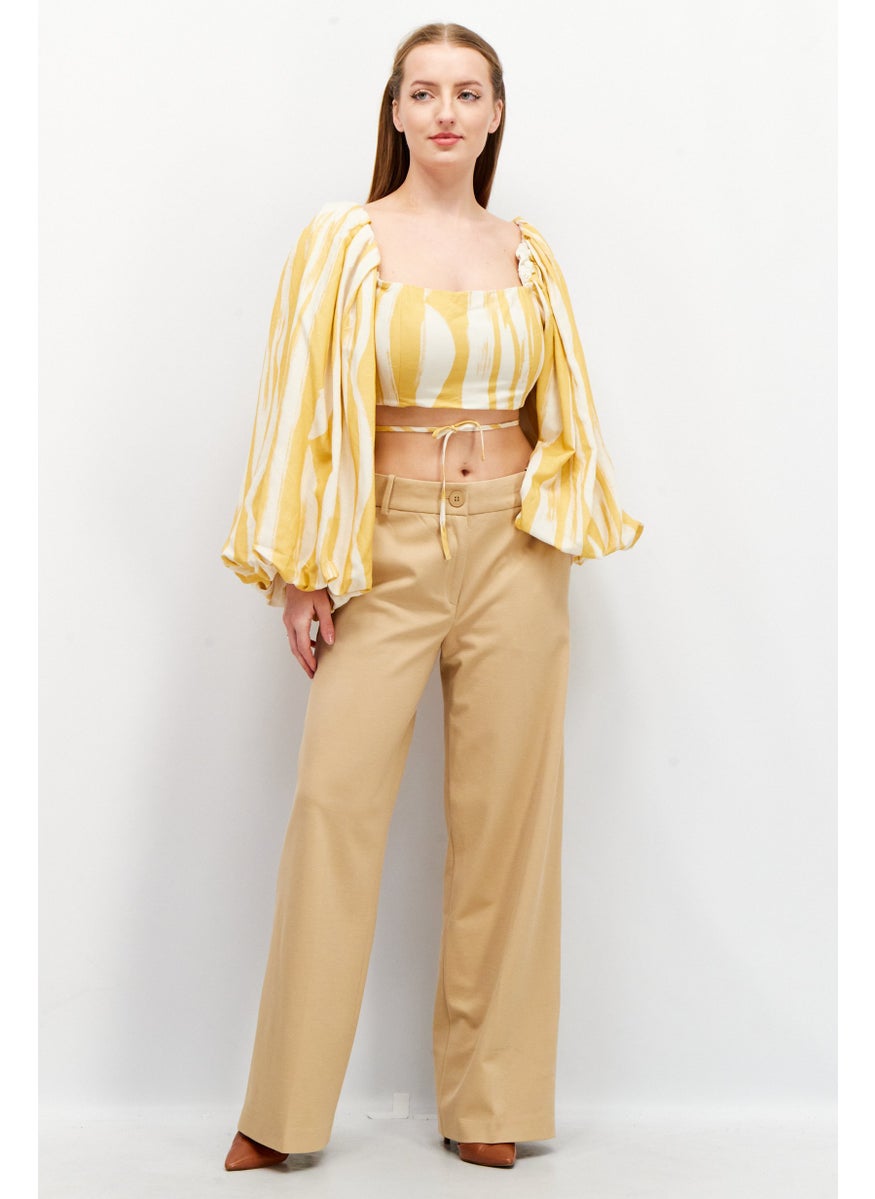 Asos Edition - Women Square Neck Long Sleeve Stripe Crop Top, Beige - Image 1