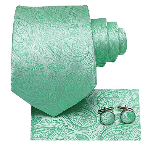 Dubulle Mens Mint Green Paisley Striped Tie WOVEN Necktie for Men and Handkerchief Cufflinks Set Wedding Formal Business - Image 2