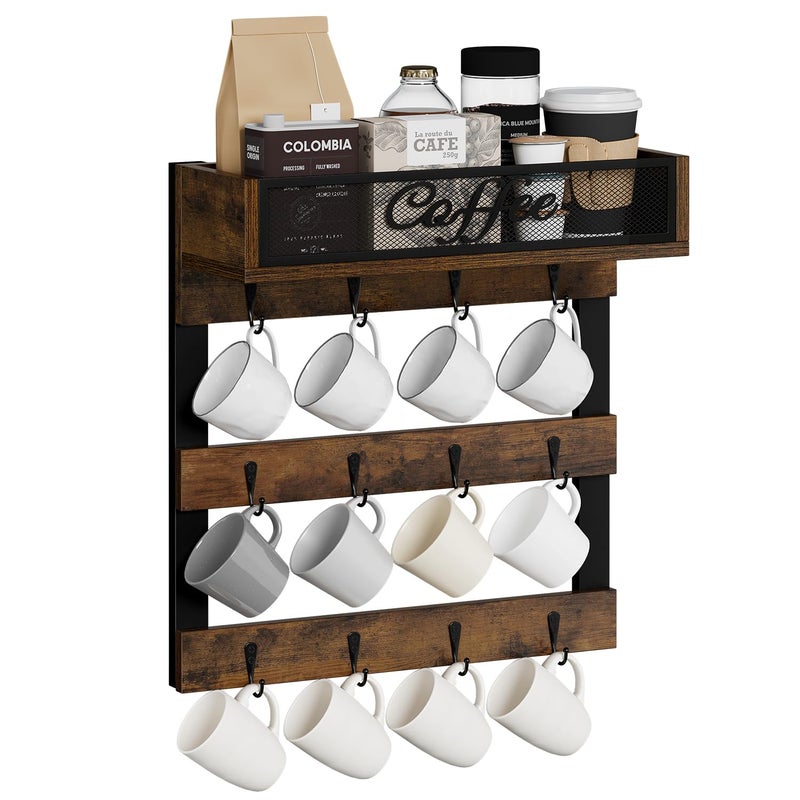 YINMIT Coffee Mug Holder Wall Mounted, 3-Tier Coffee Cup Rack with 12 Hooks, Rustic Wood Mug Organizer with Top Shelf, Coffee Bar Accessories Rack, Mug Display for Home Kitchen, Brown - Image 1
