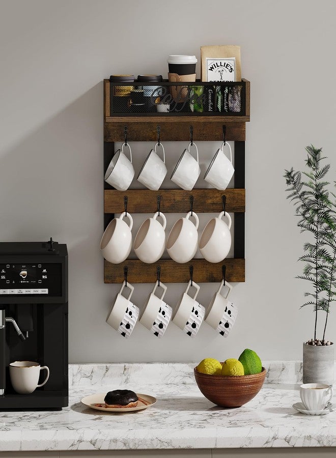 YINMIT Coffee Mug Holder Wall Mounted, 3-Tier Coffee Cup Rack with 12 Hooks, Rustic Wood Mug Organizer with Top Shelf, Coffee Bar Accessories Rack, Mug Display for Home Kitchen, Brown - Image 3