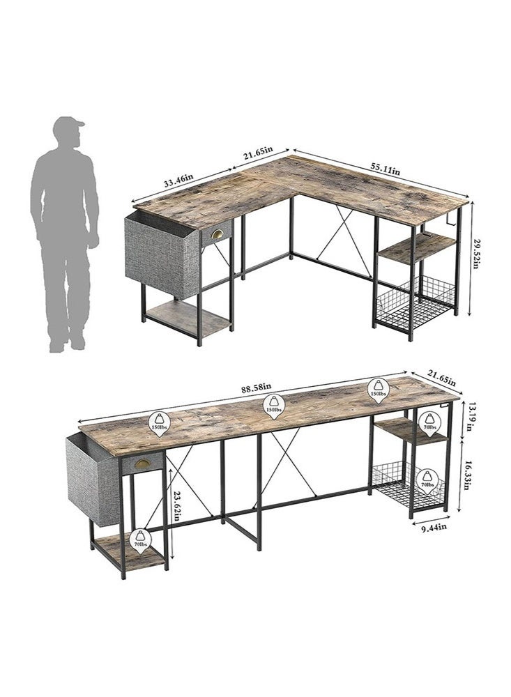 سولاكان مكتب كمبيوتر للألعاب بتصميم DIY على شكل حرف L، بطول 50 بوصة، قابل للعكس لزاوية الغرفة، طاولة عمل متعددة الاستخدامات للكتابة والدراسة مناسبة للطلاب، بسطح خشبي وإطار معدني متين، مزوّد بحامل وحدة المعالجة المركزية وحقيبة جانبية، مثالي للمكتب المنزلي والمساحات الصغيرة، باللون الرمادي - Image 2