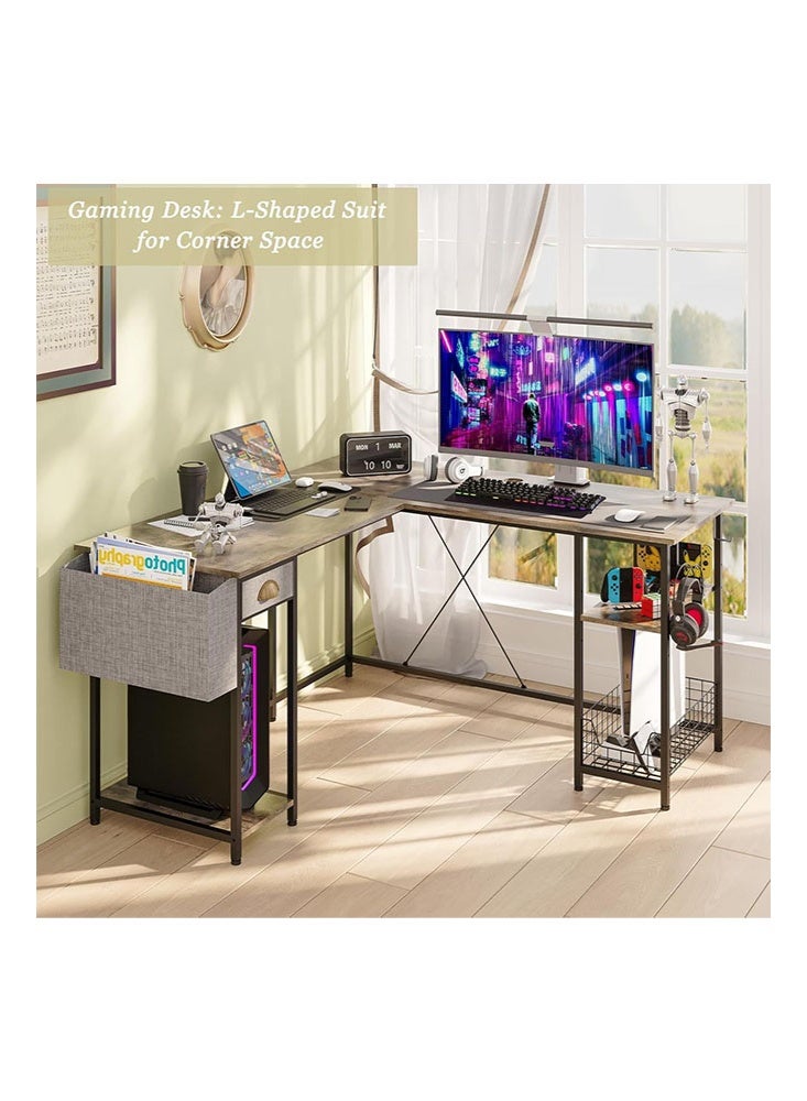 سولاكان مكتب كمبيوتر للألعاب بتصميم DIY على شكل حرف L، بطول 50 بوصة، قابل للعكس لزاوية الغرفة، طاولة عمل متعددة الاستخدامات للكتابة والدراسة مناسبة للطلاب، بسطح خشبي وإطار معدني متين، مزوّد بحامل وحدة المعالجة المركزية وحقيبة جانبية، مثالي للمكتب المنزلي والمساحات الصغيرة، باللون الرمادي - Image 5