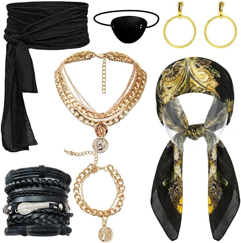 WYVAS 7 Pcs Women's Pirate Costume Accessories: Scarf, Sash Belt, Eye Patch & Jewelry for Cosplay Party Carnival Mardi Gras - Image 1