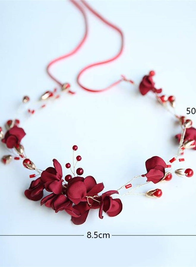 Chargances Wedding Bride Floral Red Headband Crystal Gold Hair Vine with Pearl Rhinestone Hair Accessory Boho Delicate Hair Piece Jewelry for Women and Girls