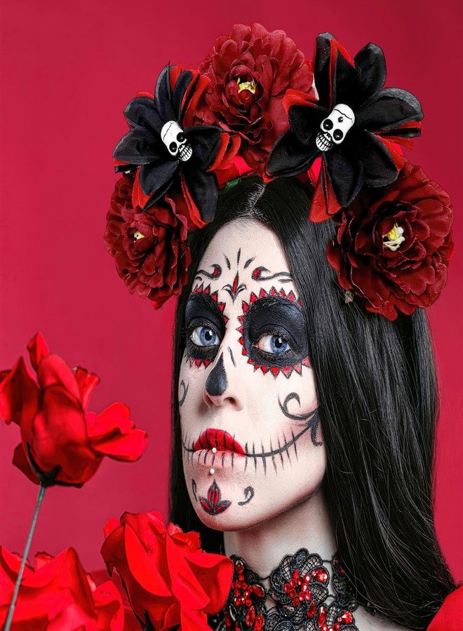 AUOCATTAIL Halloween Skull Rose Headband Mexican Red Flower Crown Gothic Horror Headwear for Party Costume Cosplay Headwear - Image 2
