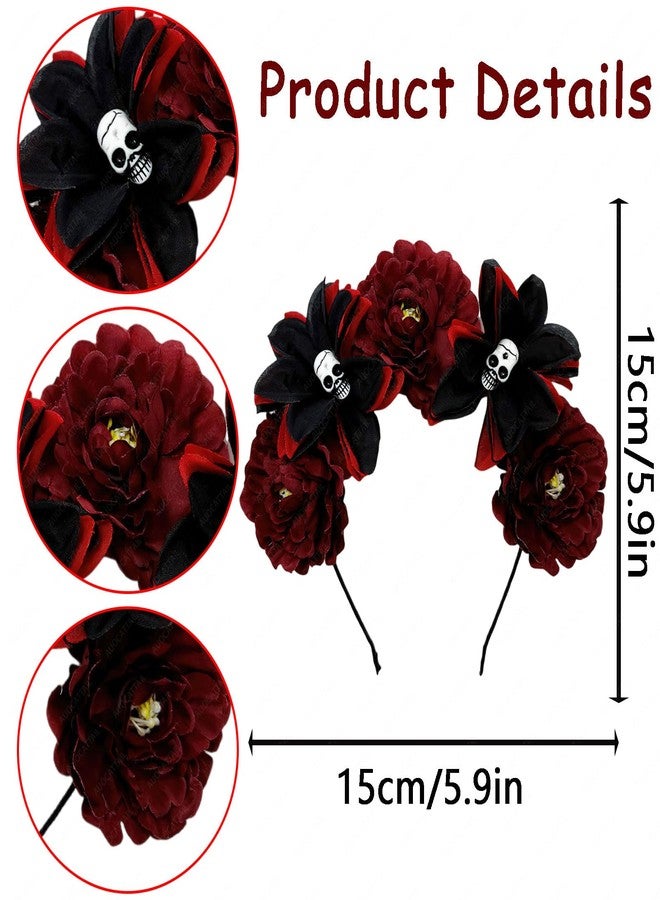AUOCATTAIL Halloween Skull Rose Headband Mexican Red Flower Crown Gothic Horror Headwear for Party Costume Cosplay Headwear - Image 4