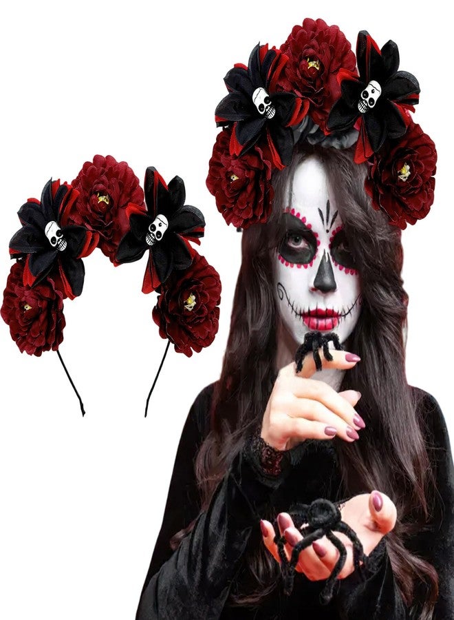AUOCATTAIL Halloween Skull Rose Headband Mexican Red Flower Crown Gothic Horror Headwear for Party Costume Cosplay Headwear - Image 1