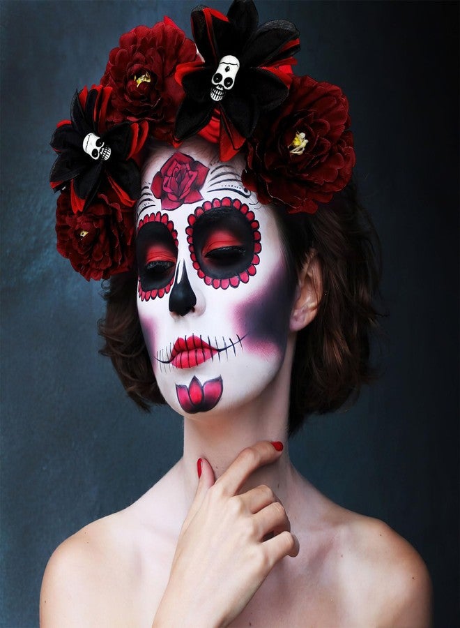 AUOCATTAIL Halloween Skull Rose Headband Mexican Red Flower Crown Gothic Horror Headwear for Party Costume Cosplay Headwear - Image 3