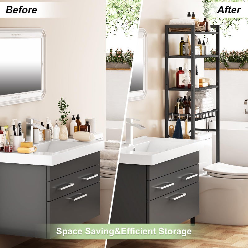 Kalrin Over-The-Toilet Storage Rack, 4-Tier Bathroom Organizer Shelf Over Toilet with Adjustable Shelf and Basket, Freestanding Space Saver Bathroom Shelves Above Toilet for Room (Pure Black) - Image 3
