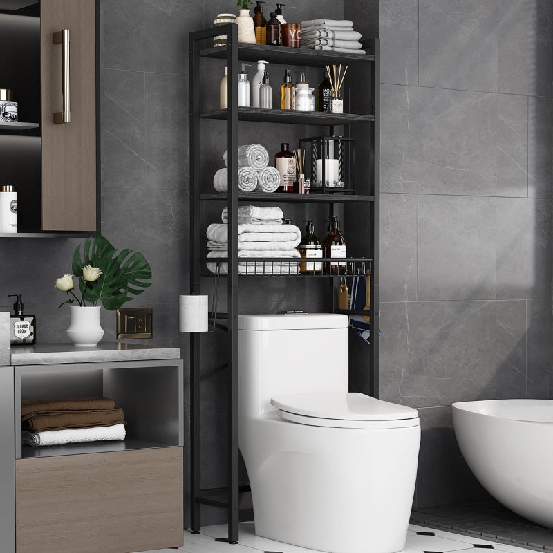 Kalrin Over-The-Toilet Storage Rack, 4-Tier Bathroom Organizer Shelf Over Toilet with Adjustable Shelf and Basket, Freestanding Space Saver Bathroom Shelves Above Toilet for Room (Pure Black) - Image 1