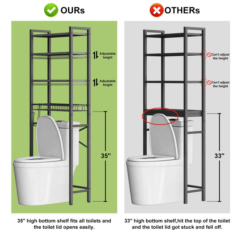 Kalrin Over-The-Toilet Storage Rack, 4-Tier Bathroom Organizer Shelf Over Toilet with Adjustable Shelf and Basket, Freestanding Space Saver Bathroom Shelves Above Toilet for Room (Pure Black) - Image 4