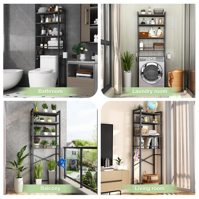 Kalrin Over-The-Toilet Storage Rack, 4-Tier Bathroom Organizer Shelf Over Toilet with Adjustable Shelf and Basket, Freestanding Space Saver Bathroom Shelves Above Toilet for Room (Pure Black) - Image 2