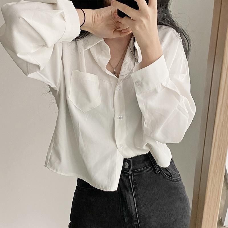 Simple Elegant All-match Polo Collar Single-breasted Loose Casual Solid Color Long-sleeved Short Shirt Top Womens Hong Kong Style Autumn White