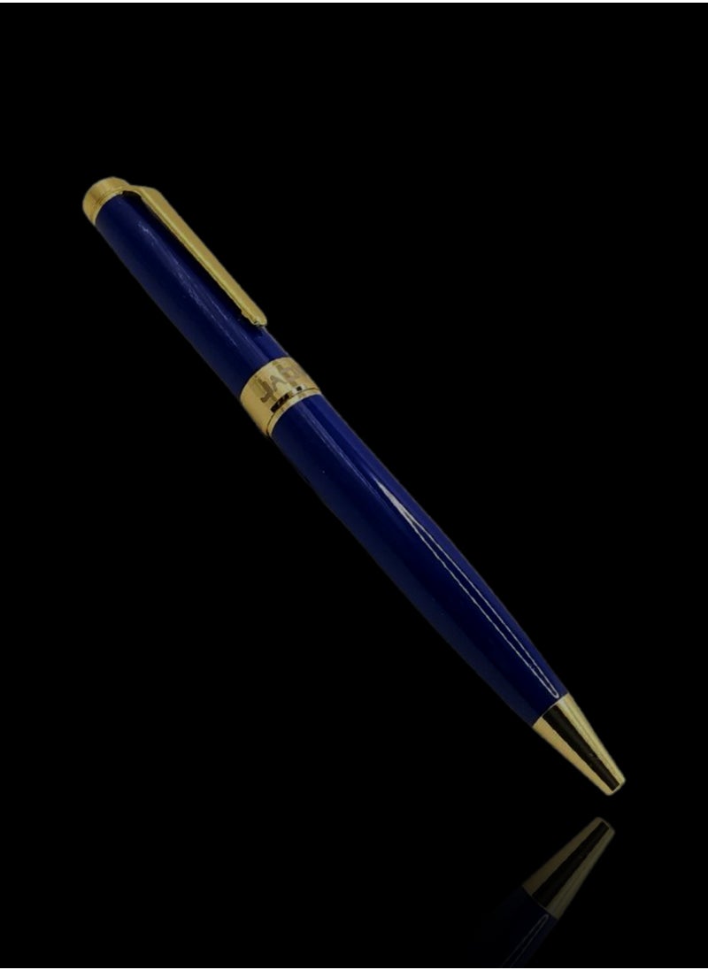 Steel pen - with blue ink and gold metal handle - a luxury writing instrument characterized by elegance and performance.